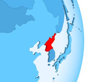 Kuzey Kore kırmızı görünür ülke sınırları ve şeffaf okyanuslar ile basit mavi siyasi dünya üzerinde. 3D çizim.