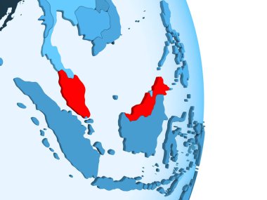 Malezya kırmızı görünür ülke sınırları ve şeffaf okyanuslar ile basit mavi siyasi dünya üzerinde. 3D çizim.