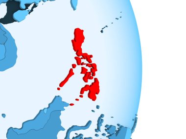 Filipinler kırmızı görünür ülke sınırları ve şeffaf okyanuslar ile basit mavi siyasi dünya üzerinde. 3D çizim.
