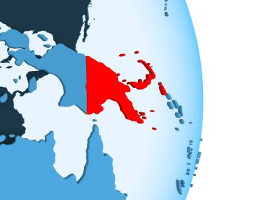 Papua Yeni Gine kırmızı görünür ülke sınırları ve şeffaf okyanuslar ile basit mavi siyasi dünya üzerinde. 3D çizim.
