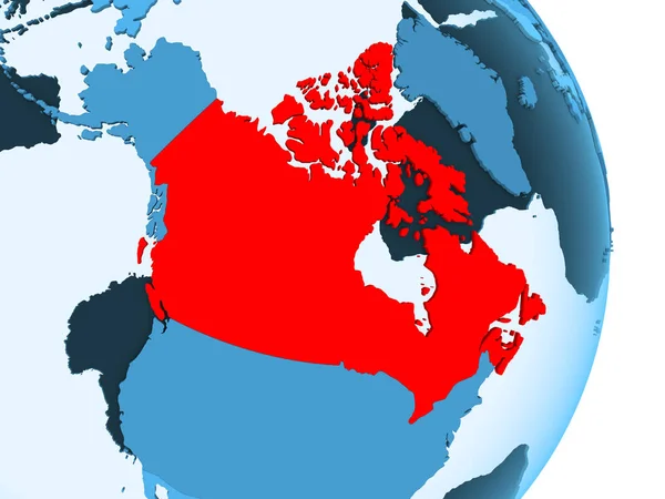加拿大在红色在简单的蓝色政治地球与明显的国家边界和透明的海洋 — 图库照片