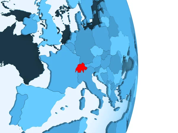 İsviçre kırmızı görünür ülke sınırları ve şeffaf okyanuslar ile basit mavi siyasi dünya üzerinde. 3D çizim.