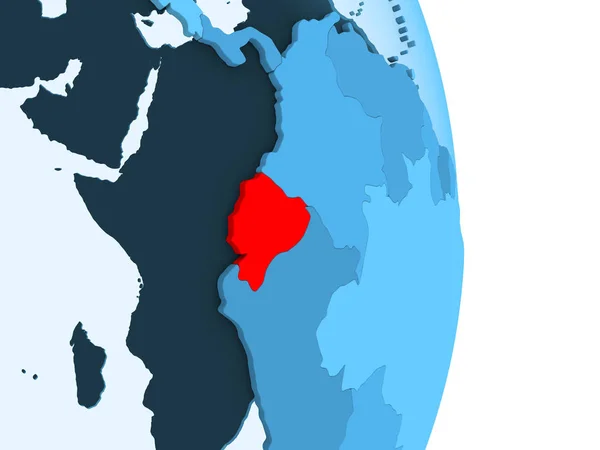 厄瓜多尔在红色在简单的蓝色政治地球与可看见的国家边界和透明的海洋 — 图库照片