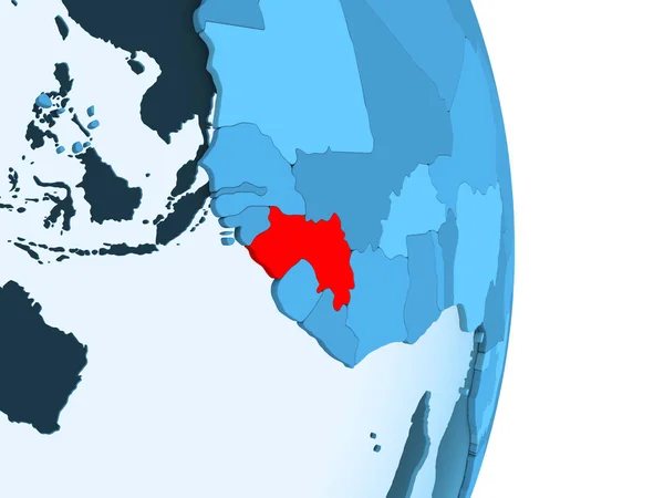 几内亚在红色在简单的蓝色政治地球以可看见的国家边界和透明的海洋 — 图库照片