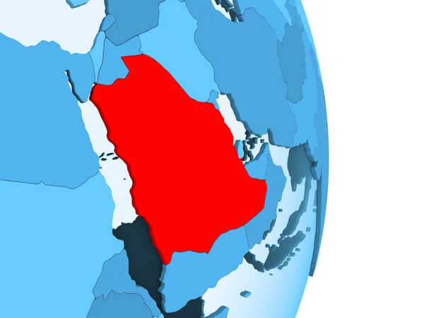 沙特阿拉伯在红色在简单的蓝色政治地球与可看见的国家边界和透明的海洋 — 图库照片