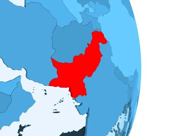 巴基斯坦在红色在简单的蓝色政治地球与明显的国家边界和透明的海洋 — 图库照片