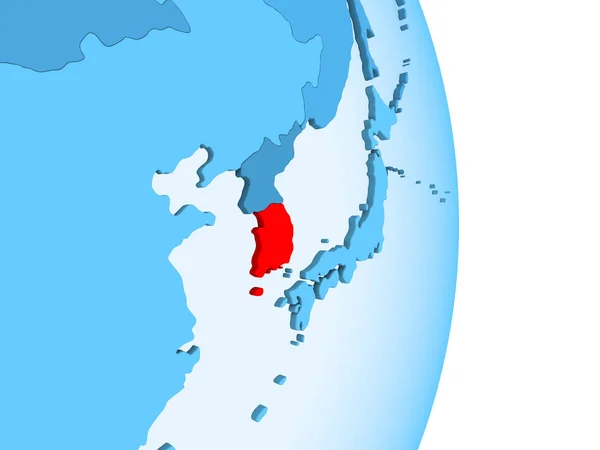 韩国在红色在简单的蓝色政治地球与明显的国家边界和透明的海洋 — 图库照片