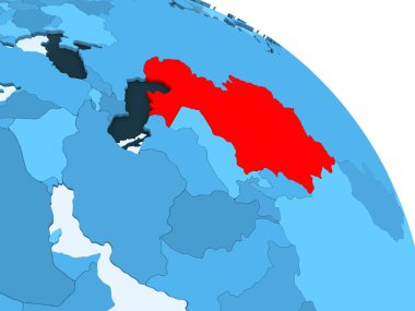 Kazakistan şeffaf okyanuslar ile siyasi küre mavi 3 boyutlu model üzerinde vurgulanır. 3D çizim.