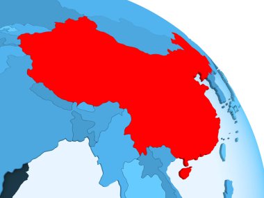 Çin'de şeffaf okyanuslar ile siyasi küre mavi 3 boyutlu model üzerinde vurgulanır. 3D çizim.