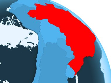 Brezilya şeffaf okyanuslar ile siyasi küre mavi 3 boyutlu model üzerinde vurgulanır. 3D çizim.