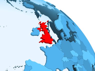 İngiltere şeffaf okyanuslar ile siyasi küre mavi 3 boyutlu model üzerinde vurgulanır. 3D çizim.
