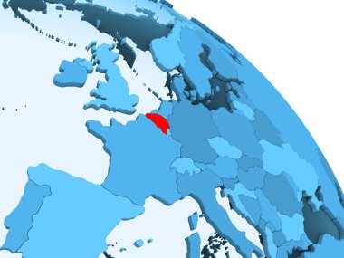 Belçika'da şeffaf okyanuslar ile siyasi küre mavi 3 boyutlu model üzerinde vurgulanır. 3D çizim.