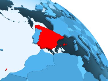 İspanya şeffaf okyanuslar ile siyasi küre mavi 3 boyutlu model üzerinde vurgulanır. 3D çizim.