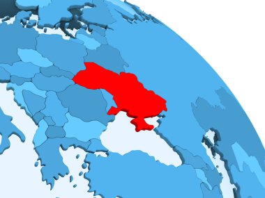 Ukrayna şeffaf okyanuslar ile siyasi küre mavi 3 boyutlu model üzerinde vurgulanır. 3D çizim.
