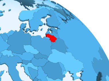 Litvanya şeffaf okyanuslar ile siyasi küre mavi 3 boyutlu model üzerinde vurgulanır. 3D çizim.