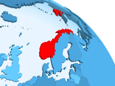 Norveç şeffaf okyanuslar ile siyasi küre mavi 3 boyutlu model üzerinde vurgulanır. 3D çizim.