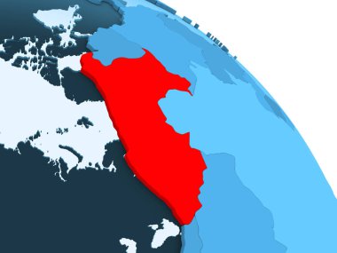Peru şeffaf okyanuslar ile siyasi küre mavi 3 boyutlu model üzerinde vurgulanır. 3D çizim.