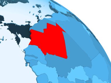 Moritanya şeffaf okyanuslar ile siyasi küre mavi 3 boyutlu model üzerinde vurgulanır. 3D çizim.