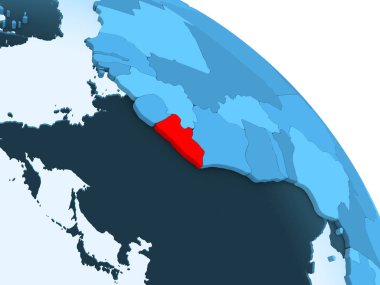 Liberya şeffaf okyanuslar ile siyasi küre mavi 3 boyutlu model üzerinde vurgulanır. 3D çizim.