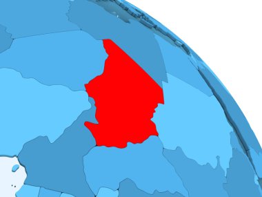 Chad şeffaf okyanuslar ile siyasi küre mavi 3 boyutlu model üzerinde vurgulanır. 3D çizim.