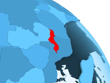 Malavi şeffaf okyanuslar ile siyasi küre mavi 3 boyutlu model üzerinde vurgulanır. 3D çizim.