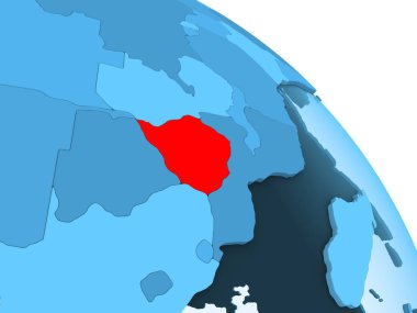 Zimbabve şeffaf okyanuslar ile siyasi küre mavi 3 boyutlu model üzerinde vurgulanır. 3D çizim.