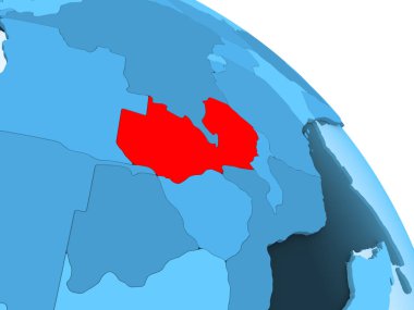 Zambiya şeffaf okyanuslar ile siyasi küre mavi 3 boyutlu model üzerinde vurgulanır. 3D çizim.