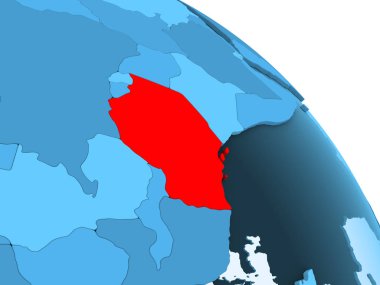Tanzanya şeffaf okyanuslar ile siyasi küre mavi 3 boyutlu model üzerinde vurgulanır. 3D çizim.