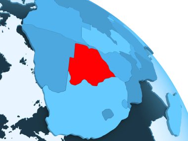 Botsvana şeffaf okyanuslar ile siyasi küre mavi 3 boyutlu model üzerinde vurgulanır. 3D çizim.