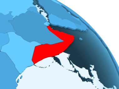 Somali şeffaf okyanuslar ile siyasi küre mavi 3 boyutlu model üzerinde vurgulanır. 3D çizim.