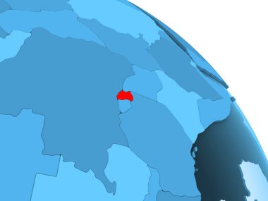 Ruanda şeffaf okyanuslar ile siyasi küre mavi 3 boyutlu model üzerinde vurgulanır. 3D çizim.