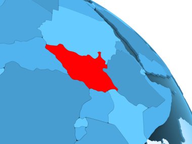 Güney Sudan şeffaf okyanuslar ile siyasi küre mavi 3 boyutlu model üzerinde vurgulanır. 3D çizim.