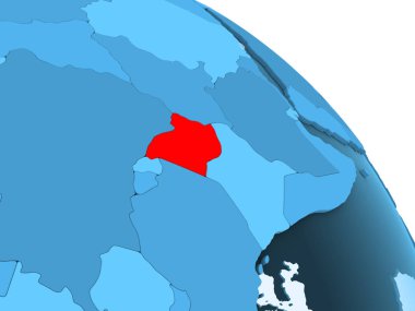 Uganda şeffaf okyanuslar ile siyasi küre mavi 3 boyutlu model üzerinde vurgulanır. 3D çizim.