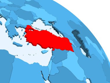 Türkiye'nin şeffaf okyanuslar ile siyasi küre mavi 3 boyutlu model üzerinde vurgulanır. 3D çizim.