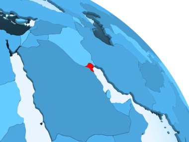 Kuveyt şeffaf okyanuslar ile siyasi küre mavi 3 boyutlu model üzerinde vurgulanır. 3D çizim.