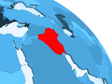 Irak şeffaf okyanuslar ile siyasi küre mavi 3 boyutlu model üzerinde vurgulanır. 3D çizim.