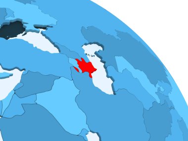 Azerbaycan şeffaf okyanuslar ile siyasi küre mavi 3 boyutlu model üzerinde vurgulanır. 3D çizim.