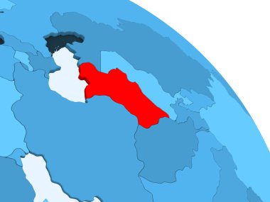 Türkmenistan şeffaf okyanuslar ile siyasi küre mavi 3 boyutlu model üzerinde vurgulanır. 3D çizim.