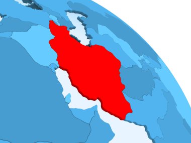 Iran şeffaf okyanuslar ile siyasi küre mavi 3 boyutlu model üzerinde vurgulanır. 3D çizim.