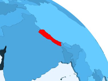 Nepal şeffaf okyanuslar ile siyasi küre mavi 3 boyutlu model üzerinde vurgulanır. 3D çizim.