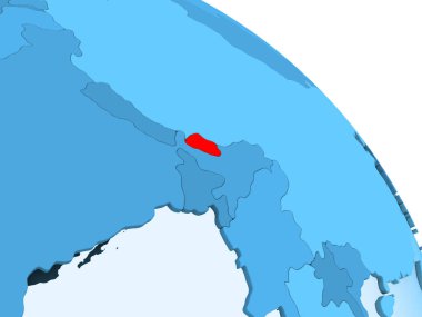 Bhutan şeffaf okyanuslar ile siyasi küre mavi 3 boyutlu model üzerinde vurgulanır. 3D çizim.