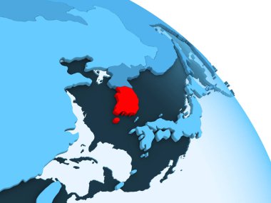 Güney Kore şeffaf okyanuslar ile siyasi küre mavi 3 boyutlu model üzerinde vurgulanır. 3D çizim.