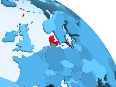 Danimarka şeffaf okyanuslar ile siyasi küre mavi 3 boyutlu model üzerinde vurgulanır. 3D çizim.