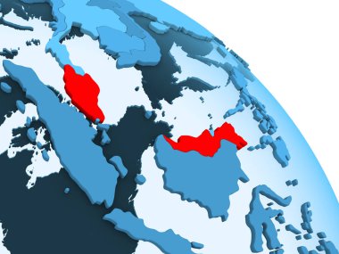 Malezya şeffaf okyanuslar ile siyasi küre mavi 3 boyutlu model üzerinde vurgulanır. 3D çizim.