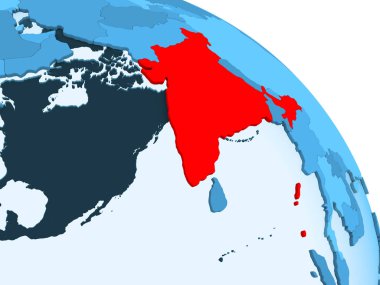 Hindistan şeffaf okyanuslar ile siyasi küre mavi 3 boyutlu model üzerinde vurgulanır. 3D çizim.