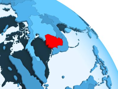Kamboçya şeffaf okyanuslar ile siyasi küre mavi 3 boyutlu model üzerinde vurgulanır. 3D çizim.