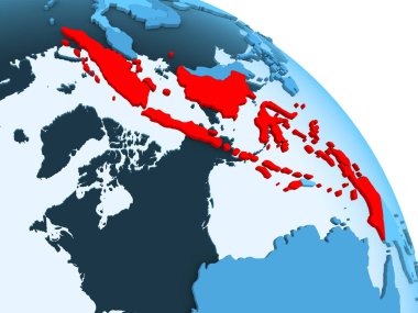 Endonezya şeffaf okyanuslar ile siyasi küre mavi 3 boyutlu model üzerinde vurgulanır. 3D çizim.