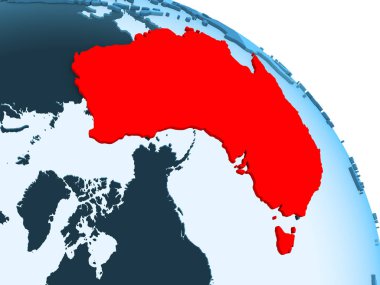 Avustralya şeffaf okyanuslar ile siyasi küre mavi 3 boyutlu model üzerinde vurgulanır. 3D çizim.