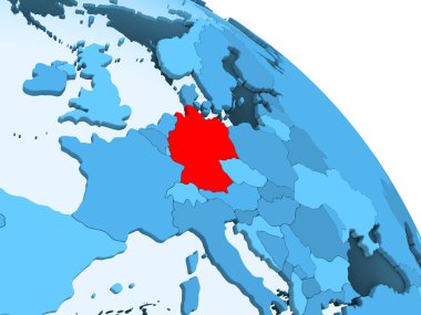 Almanya şeffaf okyanuslar ile siyasi küre mavi 3 boyutlu model üzerinde vurgulanır. 3D çizim.