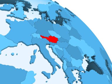 Avusturya şeffaf okyanuslar ile siyasi küre mavi 3 boyutlu model üzerinde vurgulanır. 3D çizim.
